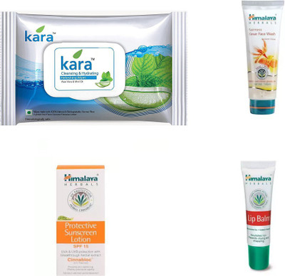 

Himalaya fairness kesar face wash, sunscreen lotion, lip balm, kara skin care wipes(Set of 4)