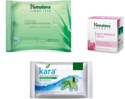Himalaya Aloe Vera Facial Wipes, Anti Wrinkle Cream, Kara Skin Care Wipes(Set of 3)