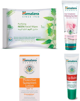 

Himalaya Purifying Neem Facial Wipes, Clear Complexion Whitening Face Wash, Protective Sunscreen Lotion, Lip Balm(Set of 4)