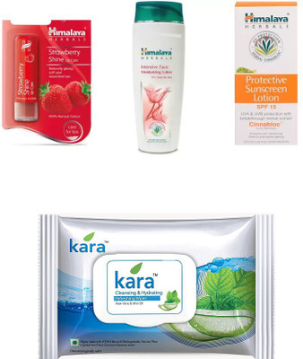 

Himalaya Strawberry Shine Lip Care, Intensive Face Moisturizing Lotion, Protective Sunscreen Lotion, kara skin care wipes(Set of 4)