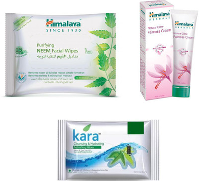 Himalaya Purifying Neem Facial Wipes, Natural Glow Fairness Cream, Kara Skin Care Wipes(Set of 3)