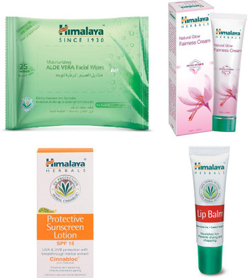 

Himalaya Aloe Vera Facial Wipes, Natural Glow Fairness Cream, Protective Sunscreen Lotion, Lip Balm(Set of 4)