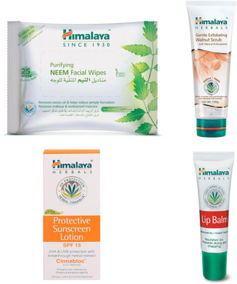 

Himalaya Purifying Neem Facial Wipes, Gentle Exfoliating Walunt Scrub, Lip Balm, Protective Sunscreen Lotion(Set of 4)