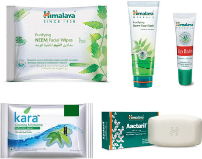

Himalaya Purifying Neem Facial Wipes, Purifying Neem Face Wash, Lip Balm, Kara Skin Care Wipes, Aactaril Soap(Set of 5)