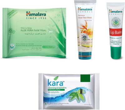 

Himalaya Aloe Vera Facial Wipes, Fairness Kesar Face Wash, Lip Balm, Kara Skin Care Wipes(Set of 4)