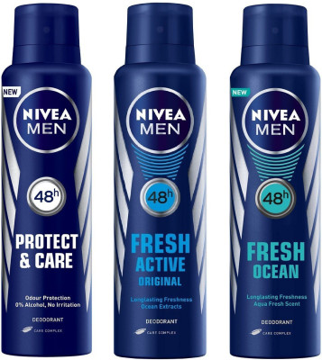 

Nivea Men Protect & Care, Fresh Active Orignal and Fresh Ocean Deodorant Spray 150ML Each (Pack of 3) Deodorant Spray - For Men(450 ml, Pack of 3)