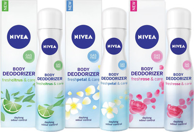 

Nivea FreshPetal, FreshCitrus and FreshRose Gas Free Body Deodorizer for Women 120ML Each (Pack of 3) Deodorant Spray - For Women(360 ml, Pack of 3)