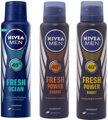 

Nivea Men Fresh Ocean, Power Charge and Power Boost Deodorant Spray 150ML Each (Pack of 3) Deodorant Spray - For Men(450 ml, Pack of 3)