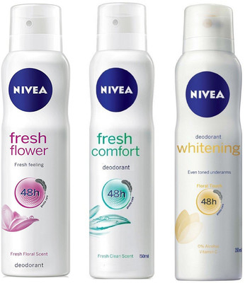 Nivea Fresh Flower, Comfort and Whitening Deodorant Spray for Women 150ML Each (Pack of 3) Deodorant Spray - For Women(450 ml, Pack of 3)