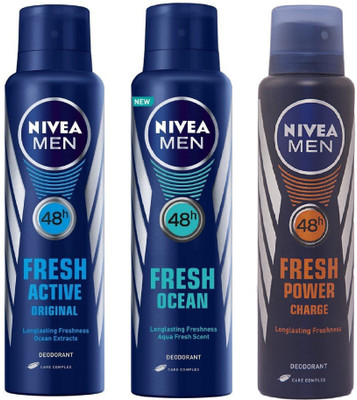 

Nivea Men Fresh Active Orignal, Fresh Ocean and Fresh Power Charge Deodorant Spray 150ML Each (Pack of 3) Deodorant Spray - For Men(450 ml, Pack of 3)
