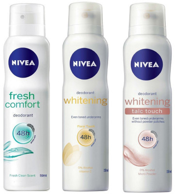 

Nivea Fresh Comfort, Whitening and Talc Touch Deodorant Spray for Women 150ML Each (Pack of 3) Deodorant Spray - For Women(450 ml, Pack of 3)
