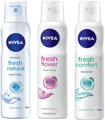 

Nivea Fresh Natural, Flower and Comfort Deodorant Spray for Women 150ML Each (Pack of 3) Deodorant Spray - For Women(450 ml, Pack of 3)