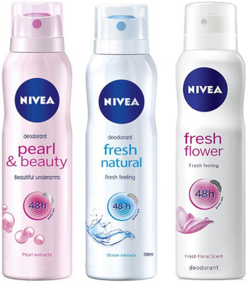 

Nivea Pearl & Beauty, Fresh Natural and Fresh Flower Deodorant Spray for Women 150ML Each (Pack of 3) Deodorant Spray - For Women(450 ml, Pack of 3)