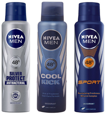 

Nivea Men Silver Protect, Cool Kick and Sport Deodorant Spray 150ML Each (Pack of 3) Deodorant Spray - For Men(450 ml, Pack of 3)
