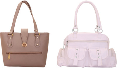 Lady bar Shoulder Bag(White, Tan), Tan;white