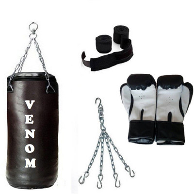 

Venom 2.5 Feet Long, SRF - STANDARD Material, Black Color, Unfilled with Hanging Chain with 9 Feet Long Black Color Hand Wraps Pair & Boxing Gloves Pair Boxing Kit