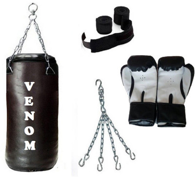 

Venom 2.0 Feet Long, SRF - STANDARD Material, Black Color, Unfilled with Hanging Chain with 9 Feet Long Black Color Hand Wraps Pair & Boxing Gloves Pair Boxing Kit