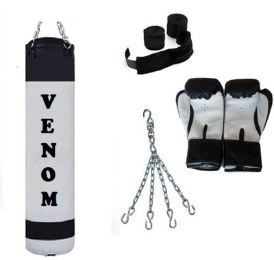 

Venom 1.5 Feet Long, P.U Material, WHITE and BLACK Color, Unfilled with Hanging Chain with 9 Feet Long Black Color Hand Wraps Pair & Boxing Gloves Pair Boxing Kit