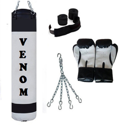 

Venom 7.5 Feet Long, P.U Material, WHITE and BLACK Color, Unfilled with Hanging Chain with 9 Feet Long Black Color Hand Wraps Pair & Boxing Gloves Pair Boxing Kit