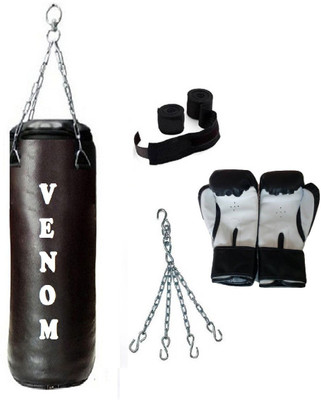 

Venom 8.0 Feet Long, SRF - ECONOMIC Material, Black Color, Unfilled with Hanging Chain with 9 Feet Long Black Color Hand Wraps Pair & Boxing Gloves Pair Boxing Kit