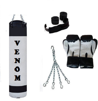 

Venom 3.5 Feet Long, P.U Material, WHITE and BLACK Color, Unfilled with Hanging Chain with 9 Feet Long Black Color Hand Wraps Pair & Boxing Gloves Pair Boxing Kit