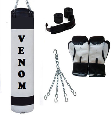 

Venom 8.0 Feet Long, P.U Material, WHITE and BLACK Color, Unfilled with Hanging Chain with 9 Feet Long Black Color Hand Wraps Pair & Boxing Gloves Pair Boxing Kit