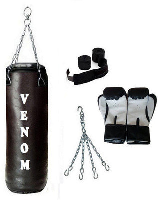 

Venom 5.5 Feet Long, SRF - STANDARD Material, Black Color, Unfilled with Hanging Chain with 9 Feet Long Black Color Hand Wraps Pair & Boxing Gloves Pair Boxing Kit