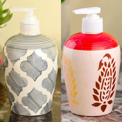 

Sforzi Ceramic soap dispenser set of 2 450 ml Lotion, Shampoo, Soap, Gel Dispenser(Multicolor)