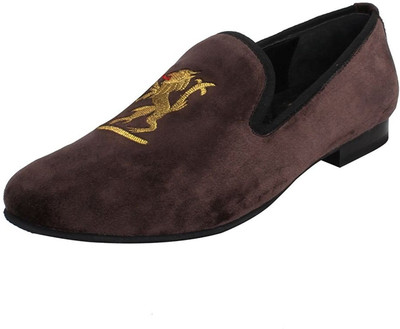 

Bare Skin Bareskin Men Handmade Copper brown Velvet Slip-on with Royal Design Embroidery Casuals For Men(Brown