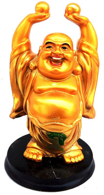 Mohangifts Laughing Buddha Happy Man hands up with wealth balls small Decorative Showpiece  -  11 cm(Polyresin, Gold)