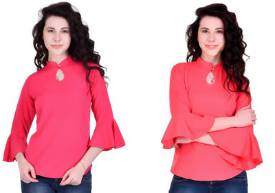 SAMAYARA Casual Bell Sleeve Solid Women Pink Top