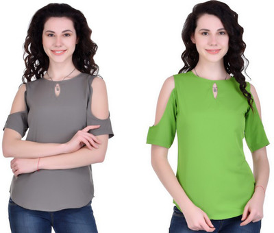 SAMAYARA Casual Half Sleeve Solid Women Green, Grey Top