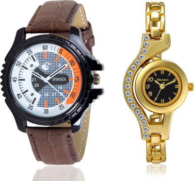 

Wanton WT01P05 gold diamond studded watch with brown leather strap attractive dial combo watch for couple men and women Watch - For Boys & Girls