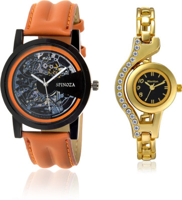 

Wanton WT01P01 gold crystal studded black dial watch with brown leather strap open machanism combo watch for couple men and women Watch - For Boys & Girls