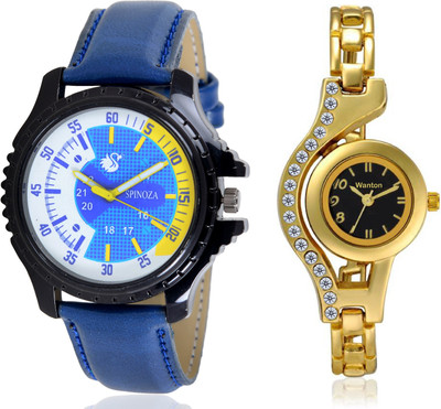 

Wanton WT01P04 gold diamond studded watch with blue leather strap attractive dial combo watch for couple men and women Watch - For Boys & Girls