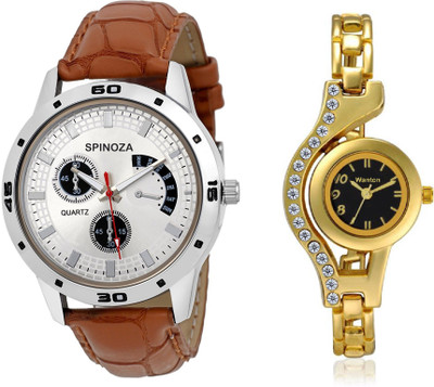 

Wanton WT01P17 gold crystal studded with silver chronogrph pattern brown strap combo watch for couple men and women Watch - For Boys & Girls