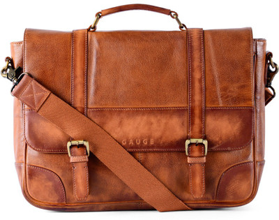 

Gauge Machine Washed Leather Satchel Medium Briefcase - For Men & Women(Tan)