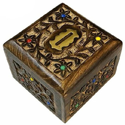 

Worthy Fancy Shoppee Handmade Wooden Textured Color Money Bank(13x13x10cm) Coin Bank(Brown)