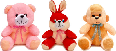 

Babique Soft toys Teddy Bear Combo Rabbit Monkey and Teddy Kids Birthday Gift - 25 cm(Pink, Red, Brown), Brown;pink;red