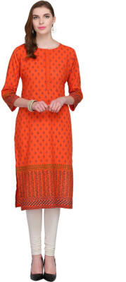 Kaanchie Nanggia Women Block Print A-line Kurta(Orange) Flipkart