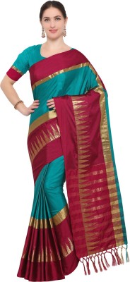 Ratnavati Temple Border Bollywood Cotton Blend, Cotton Silk Saree(Blue, Maroon)