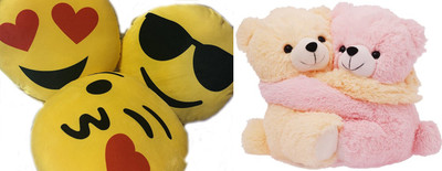 

MTC Hearted Eye Cool Dude And Wynk Kissed Cushion (32cm)Combo With Couple Teddy (35cm) Stuffed Toy - 35 cm(Yellow)