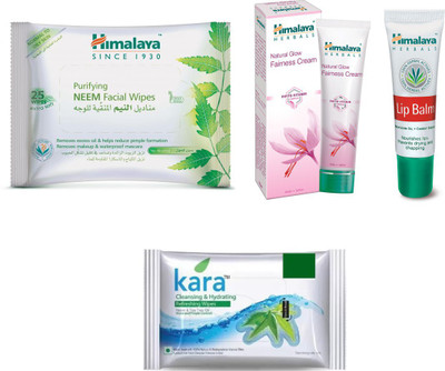 

Himalaya Purifying Neem Facial Wipes, Natural Glow Fairness Cream, Lip Balm, Kara Skin Care Wipes(Set of 4)