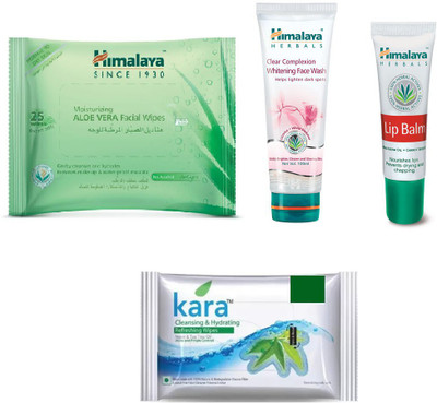 

Himalaya Aloe Vera Facial Wipes, Clear Complexion Whitening Face Wash, Lip Balm, Kara Skin Care Wipes(Set of 4)