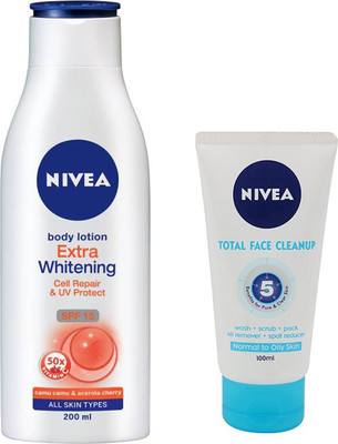 

Nivea Extra Whitening 200 Ml and Total Face Clean up 50 ML(Set of 2)