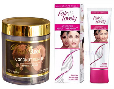 

Pink Root COCONUT SCRUB 100G with FAIR & LOVELY ADVANCED MULTI VITAMIN CREAM 80g(Set of 2)