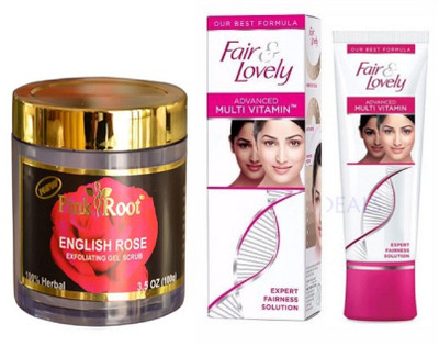 

Pink Root ENGLISH ROSE SCRUB 100G with FAIR & LOVELY ADVANCED MULTI VITAMIN CREAM 80g(Set of 2)