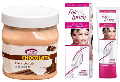 

Pink Root CHOCOLATE SCRUB 500ML with FAIR & LOVELY ADVANCED MULTI VITAMIN CREAM 80G(Set of 2)