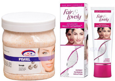 

Pink Root PERAL SCRUB 500ML with FAIR & LOVELY ADVANCED MULTI VITAMIN CREAM 80G(Set of 2)