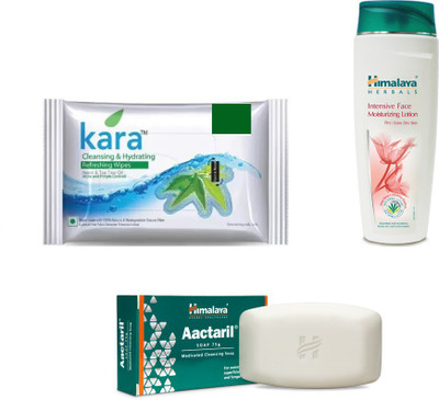 

Himalaya Kara Skin Care Wipes, Intensive Face Moisturizing Lotion, Aactaril Soap(Set of 3)